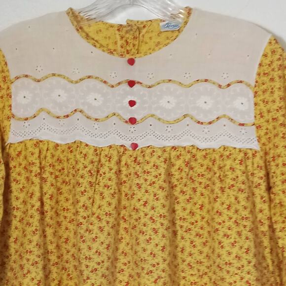 VTG Jeri Morton 60s Nightie Prairie M Yellow Red Floral Ruffle Cottage Eyelet - Picture 3 of 13